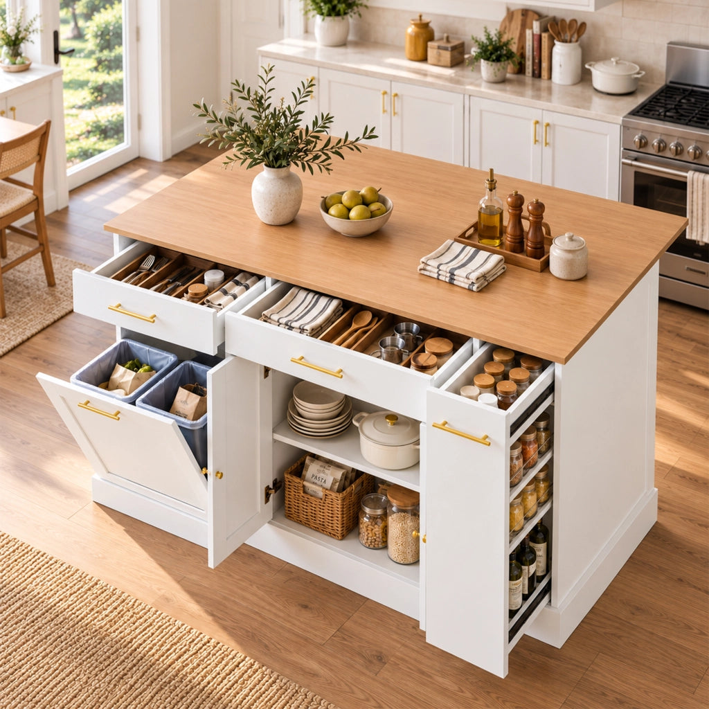 Mobile contenitore da cucina con piano pieghevole, vano pattumiera, 2 cassetti e ripiano estraibile, bianco e naturale