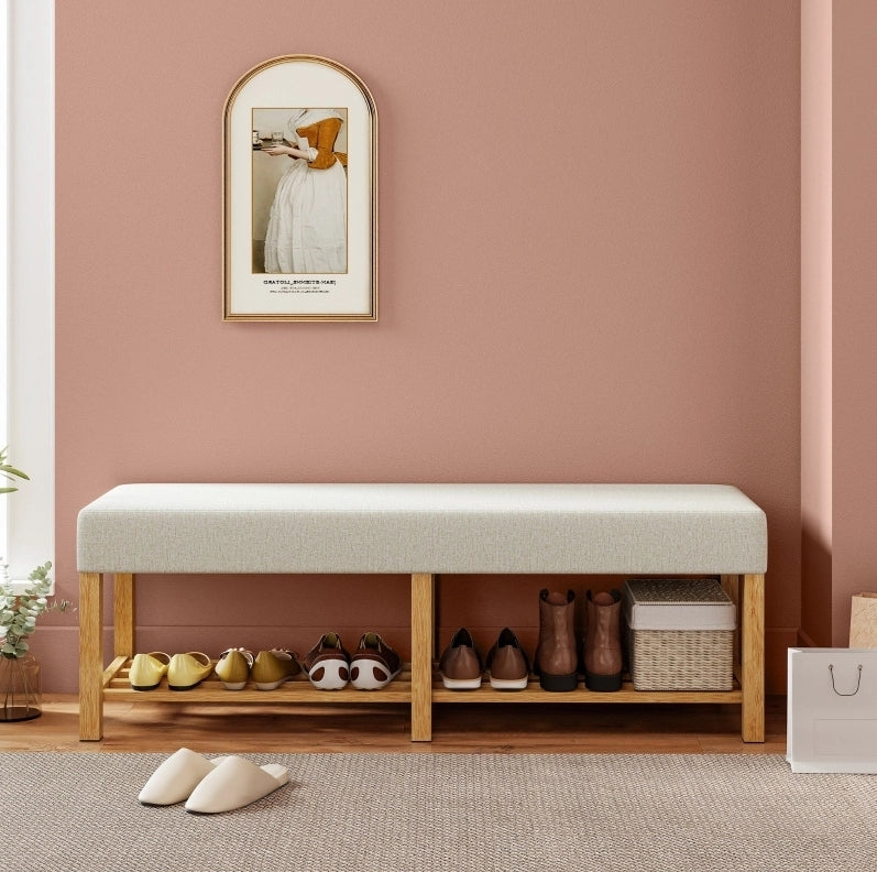 Panca porta scarpe in legno massiccio 140 cm con seduta imbottita crema, moderna panca per ingresso