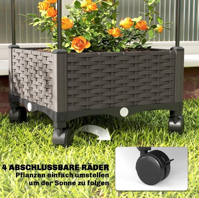 Fioriera mobile 40x40x185 cm in PP e acciaio nero con grigliato e ruote