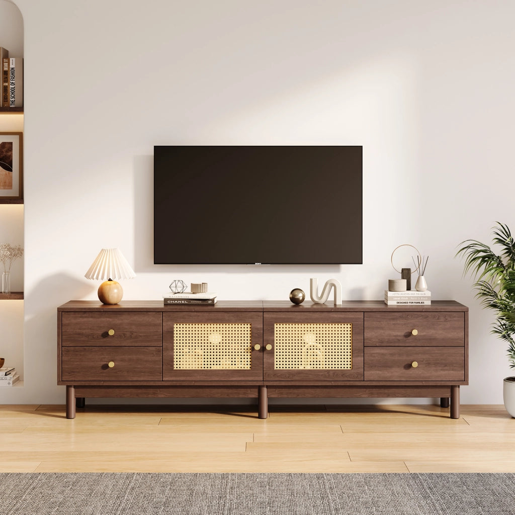 Mobile porta TV largo 180 cm marrone con ante in rattan