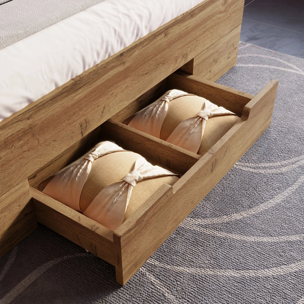 Letto matrimoniale con contenitore 160 x 200 cm con 2 cassetti e testiera con ripiani, USB/Type-C e LED, letto matrimoniale con rete inclusa, rovere
