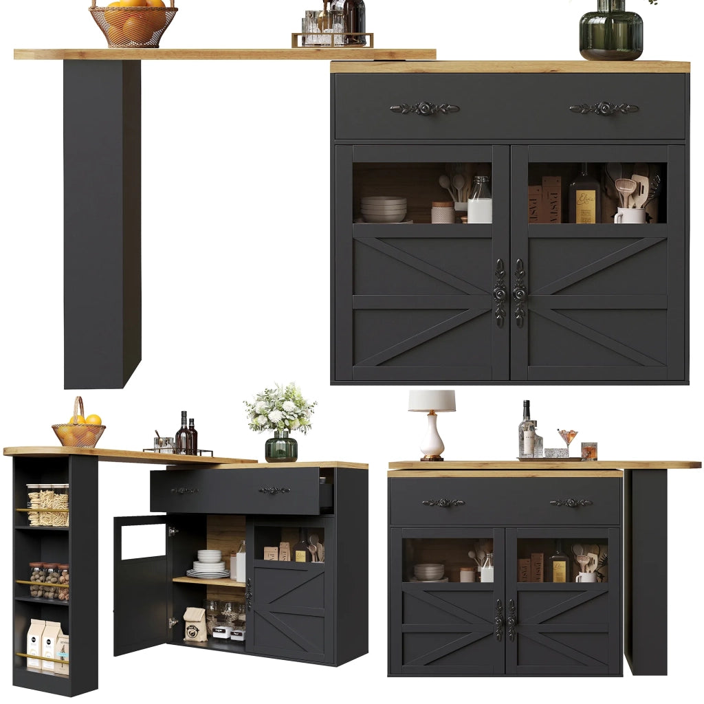 Tavolo bar allungabile nero con ripiano girevole a 360° e contenitore, 138-204x39x104 cm
