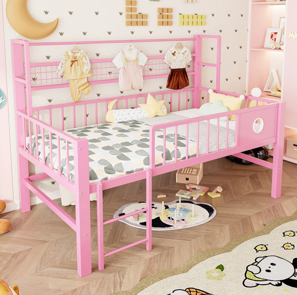 Letto a castello basso per bambini 90x200 cm in metallo con spazio contenitivo, rosa