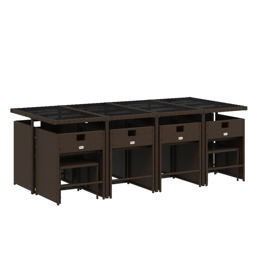 Set da Pranzo da Giardino 13pz con Cuscini Marrone Polyrattan