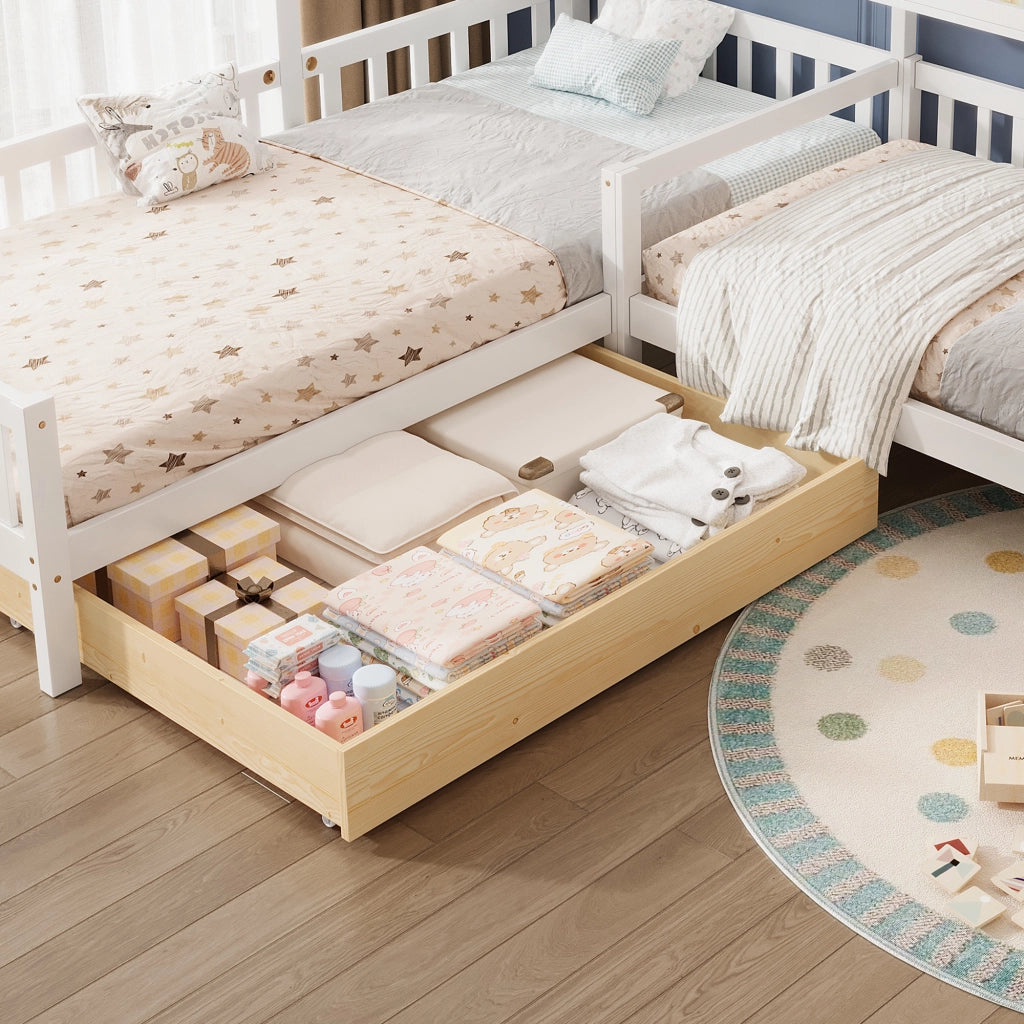 Letto a casetta per bambini in legno con cassetti e ripiani, bianco, 200x90 cm + 140x70 cm