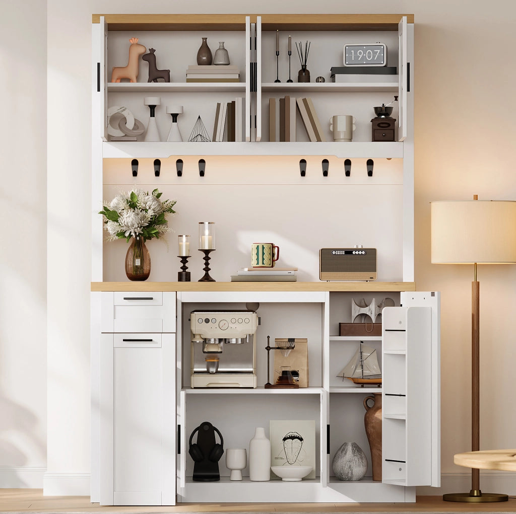 Mobile cucina 120x40x182 cm con LED RGB, prese e cassetti in MDF bianco e naturale