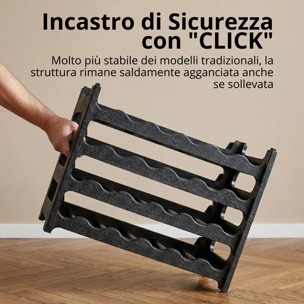 CookandSupply x TheWV Cantinetta Vino in Plastica Modulare Impilabile, Portabottiglie Effetto Pelle Martellata, 6 Bottiglie per Modulo, Scaffale Portavino Salvaspazio - Nero, 18