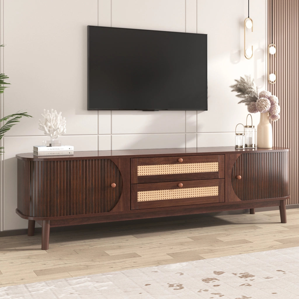 MOBILE TV 170x39,5x46 cm in MDF e rattan colore naturale con ante e cassetti