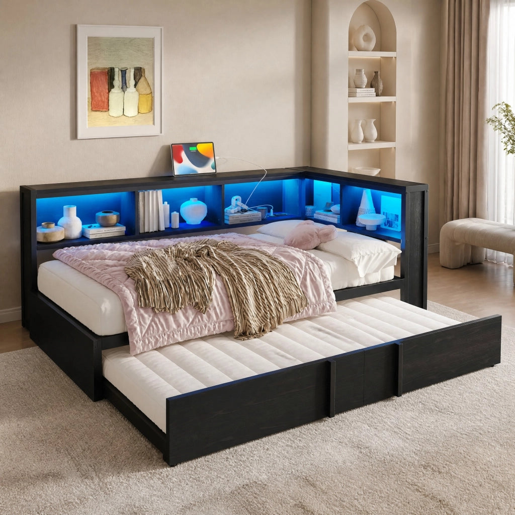 Letto con letto estraibile 90 × 200 cm con 5 armadietti; LED regolabile; prese USB; metallo e MDF nero