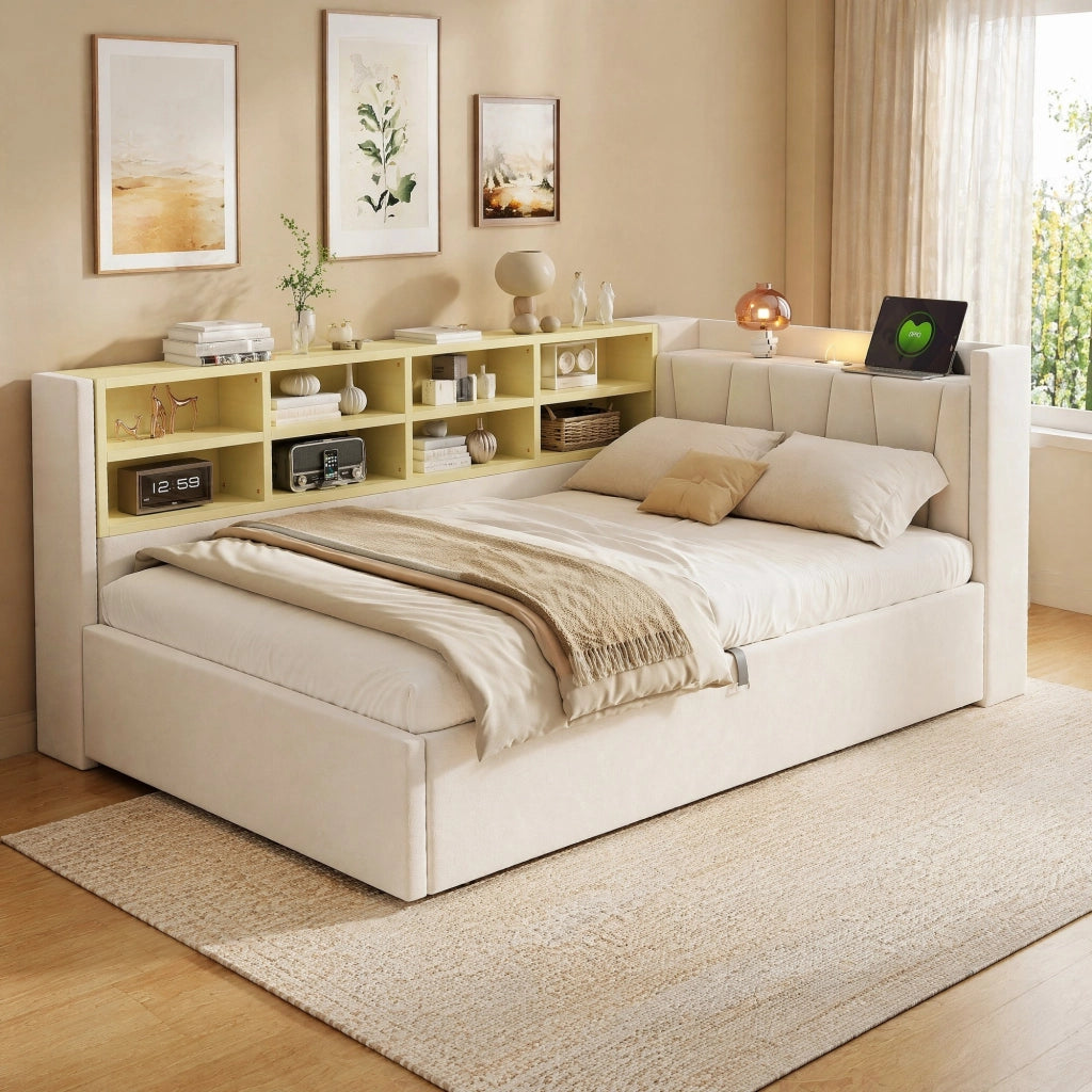 Letto contenitore 90 × 200 cm con testiera imbottita LED USB e Type-C ripiani laterali in velluto beige