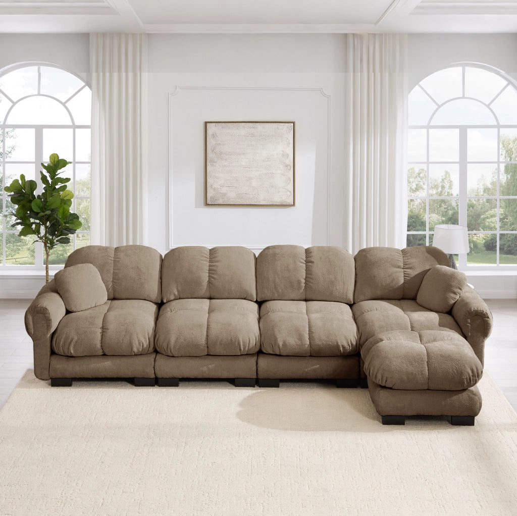 Divano modulare angolare ULEVR 330x149 cm in ciniglia marrone con pouf mobile e cuscino supplementare