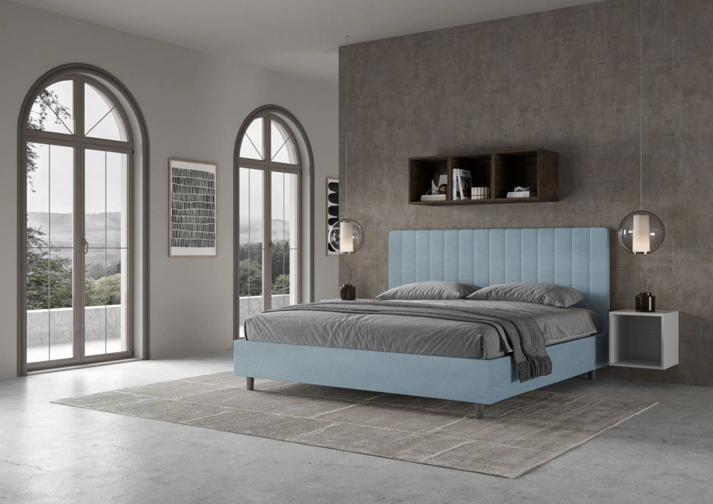 Letto Matrimoniale King Size 200x200 cm con Rete e Contenitore Imbottito in Microfibra Agueda Azzurro