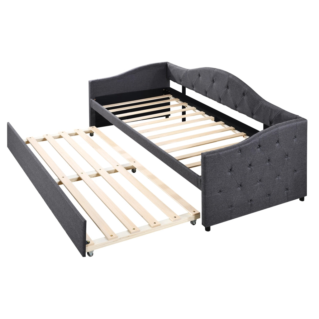 Letto estraibile singolo 90×200 cm con letto estraibile; senza materasso; lino e MDF; grigio; per camera da letto