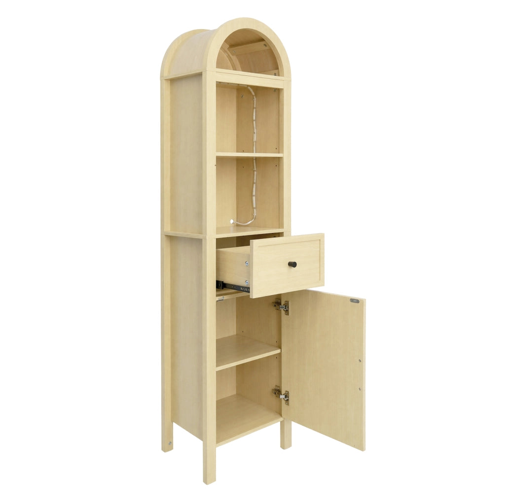 Armadio alto da bagno 163 cm in MDF con LED RGB, anta reversibile e cassetto, colore legno naturale