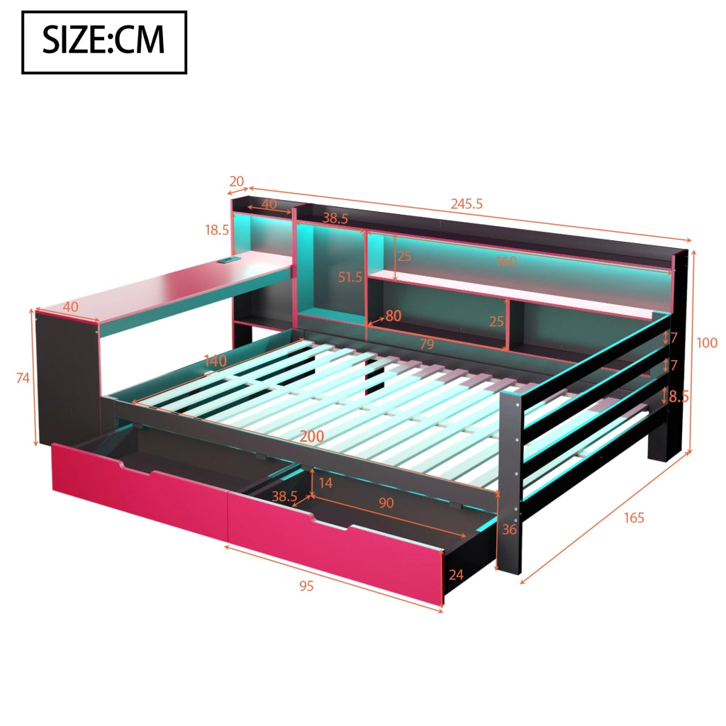 Letto divano matrimoniale 140 × 200 cm con scrivania, LED, prese e USB, senza materasso, nero e rosso