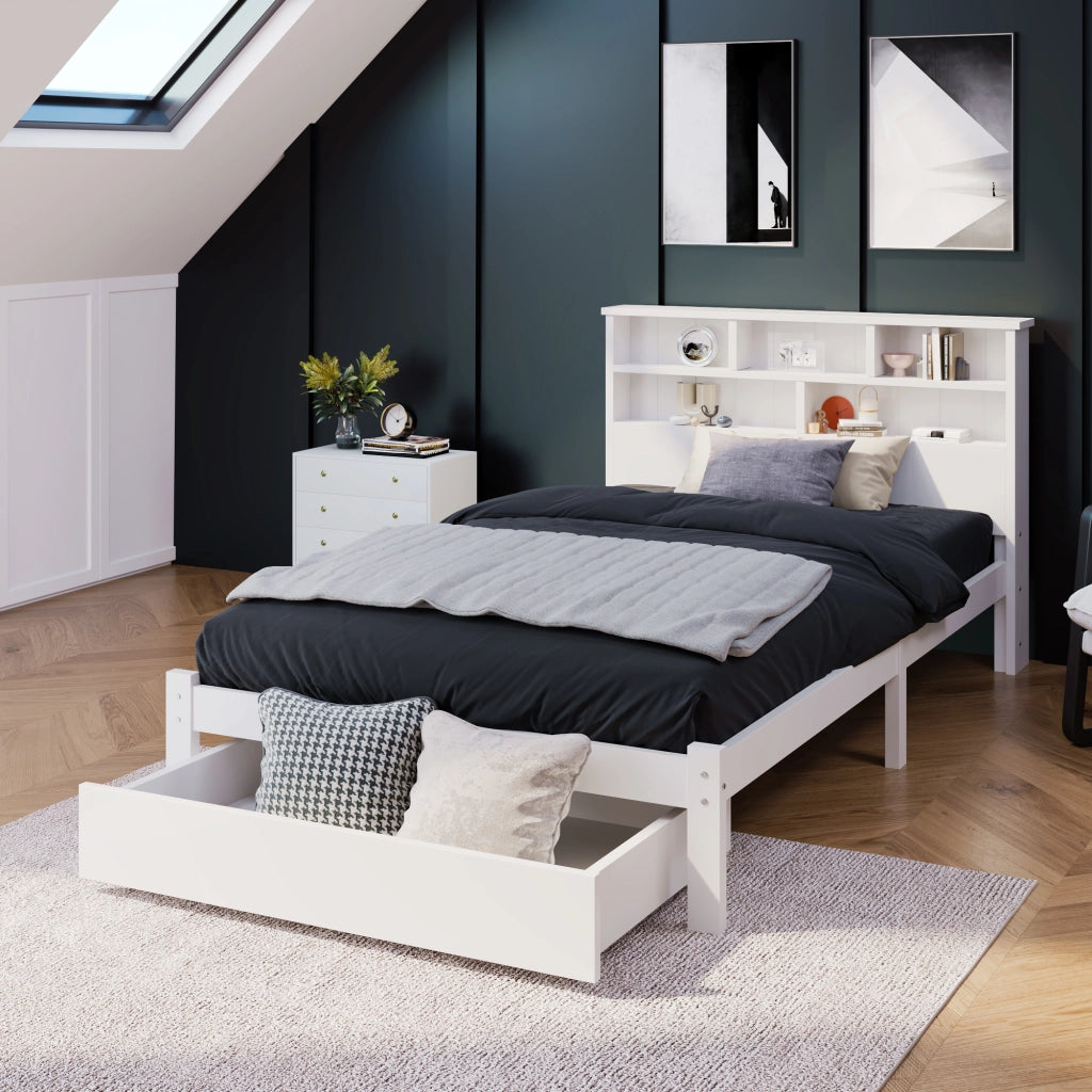 Letto singolo in legno massiccio con 2 cassetti e testiera a libreria, 90x200 cm, bianco