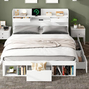 Letto con cassetti 140 × 200 cm con armadi contenitori; prese USB e Type-C; in legno e MDF bianco