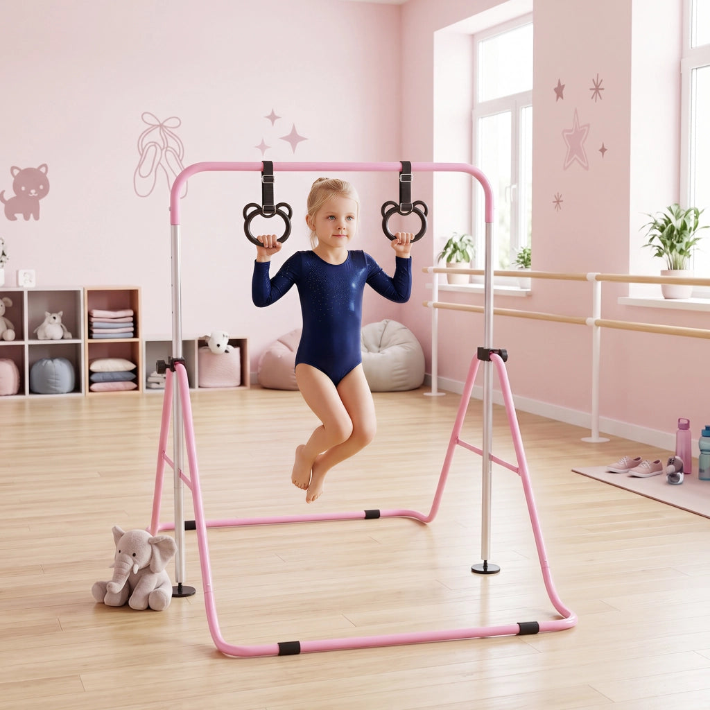 Sbarra da ginnastica artistica per bambini in acciaio rosa con 2 anelli, altezza regolabile e pieghevole, 148x105x88-128 cm, per casa