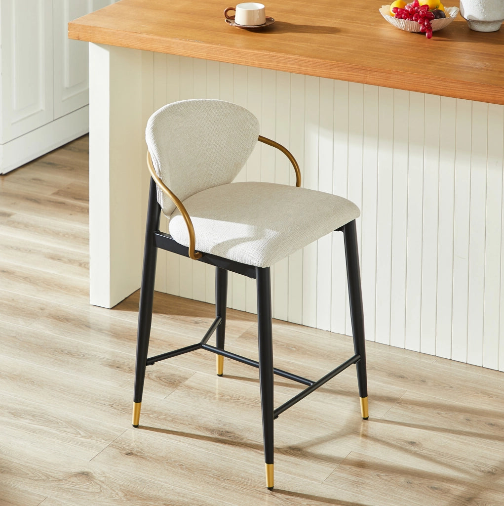 Set di 2 sgabelli da bar in ciniglia beige con schienale e poggiapiedi nero-oro HOMVRA