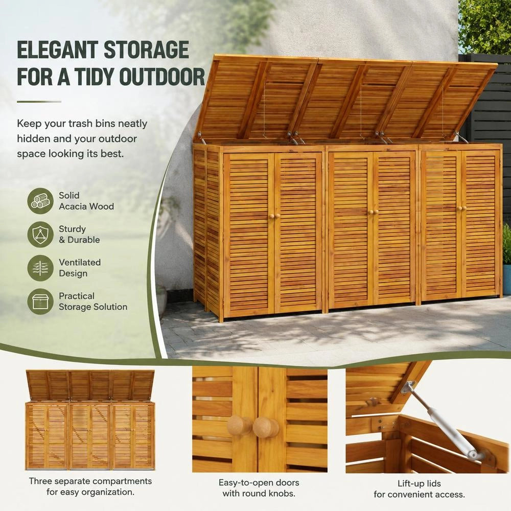 Bin Storage Unit For 3 Bins, 210x89x117 Cm, Solid Acacia Wood