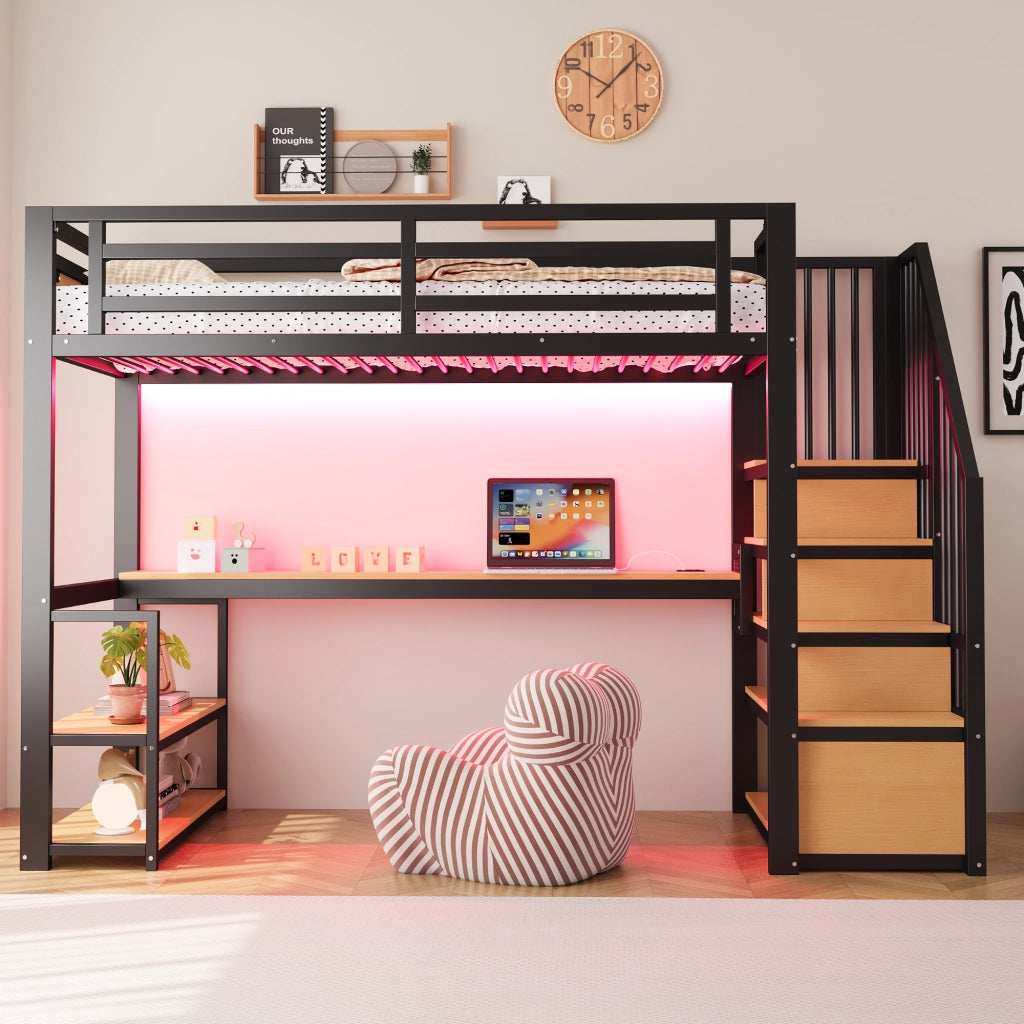 Letto a soppalco 90 × 200 cm con scrivania scaffali scala contenitore metallo e MDF nero con parapetto