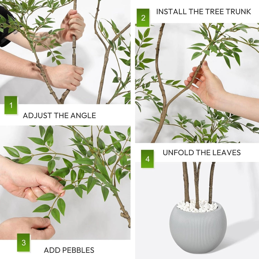 Pianta di Nandina Domestica Artificiale 150 cm con Vaso Muschio e Ciottoli