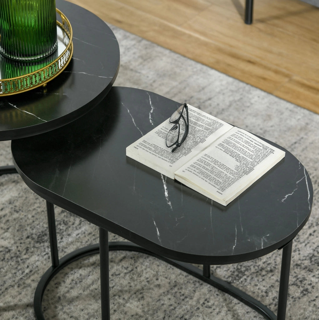 Set di 2 tavolini da salotto rotondo e ovale effetto marmo nero in MDF e acciaio impilabili