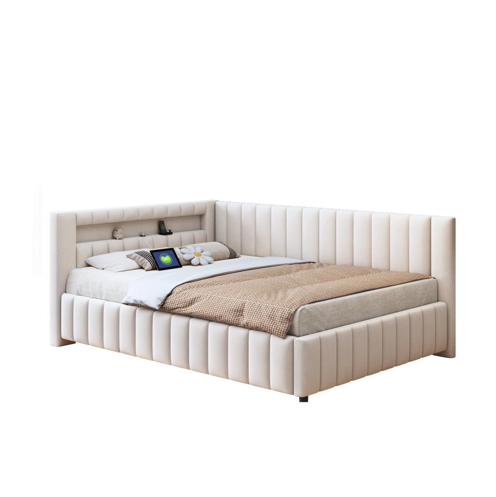 Divano Letto Imbottito in Velluto 140x200 cm con LED e Porta USB, Design a L, Beige