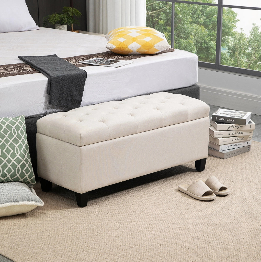 Panca contenitore imbottita in poliestere effetto lino crema 100x40x44 cm con gambe in legno di caucciù