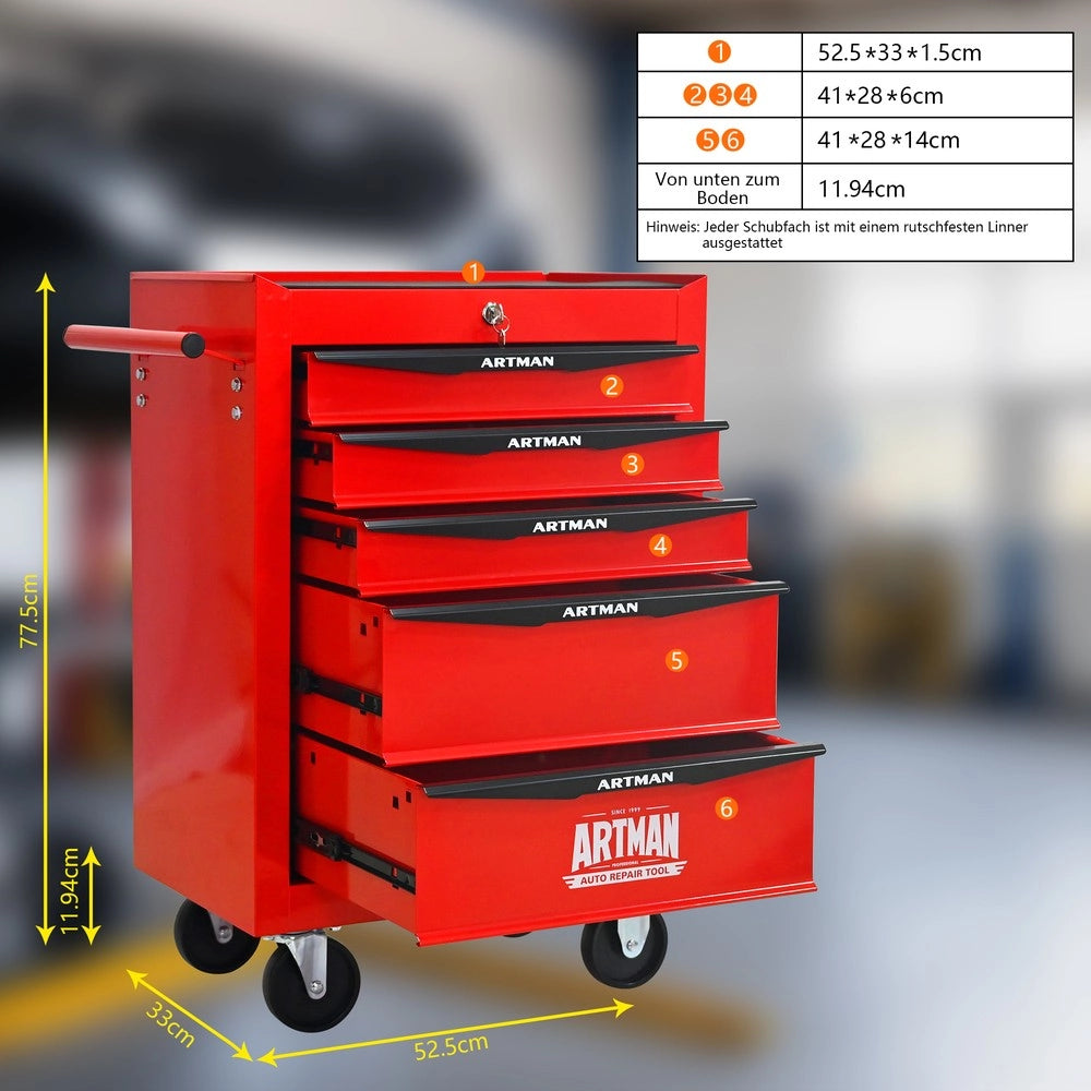 Cassettiera Porta Utensili su Ruote ¨C MINIMAL ¨C 5 Cassetti, Metallo, Rosso e Nero