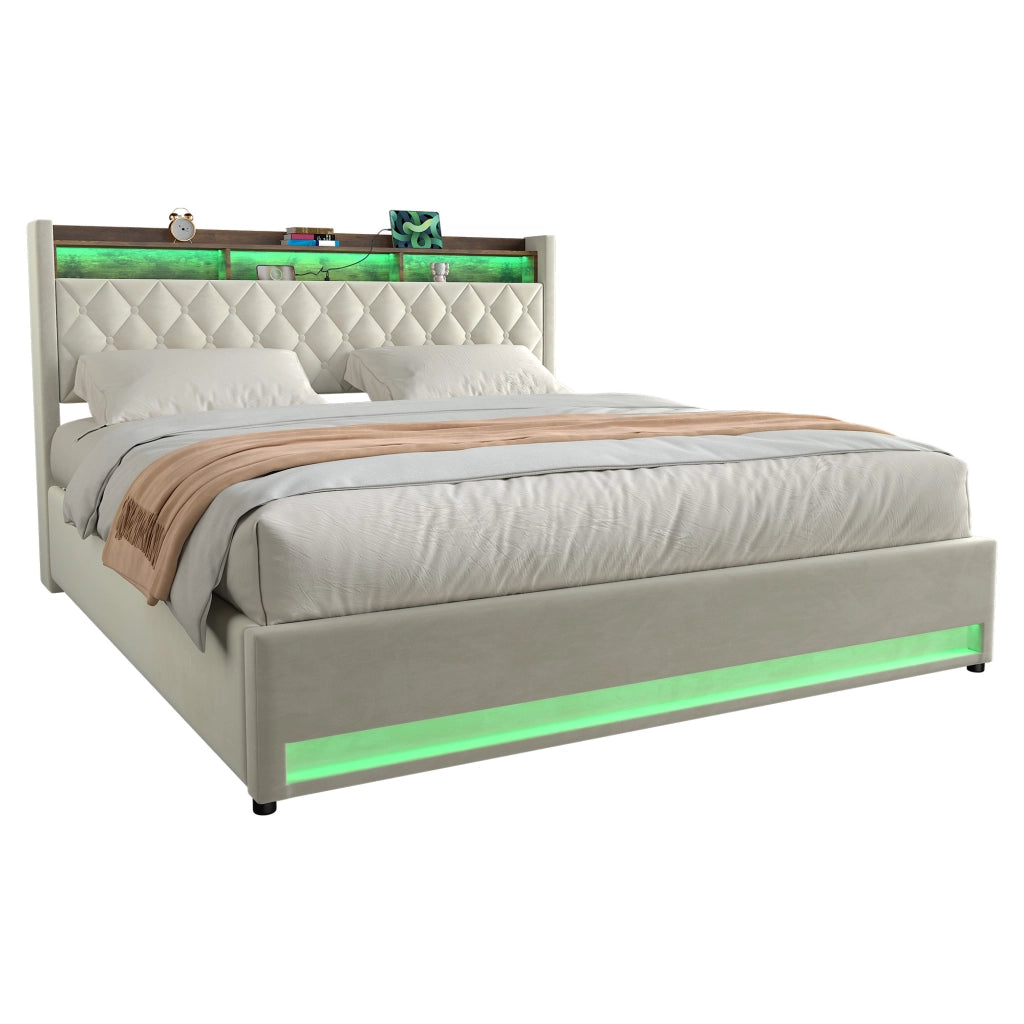 Letto matrimoniale imbottito 180x200 cm beige in velluto con struttura MDF e ferro