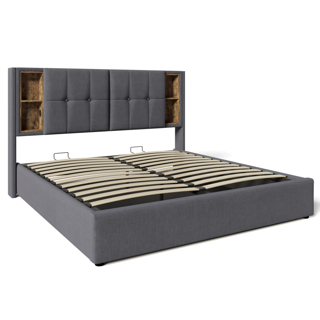 Letto imbottito 140x200 cm con contenitore; ricarica wireless; USB e Type-C; grigio