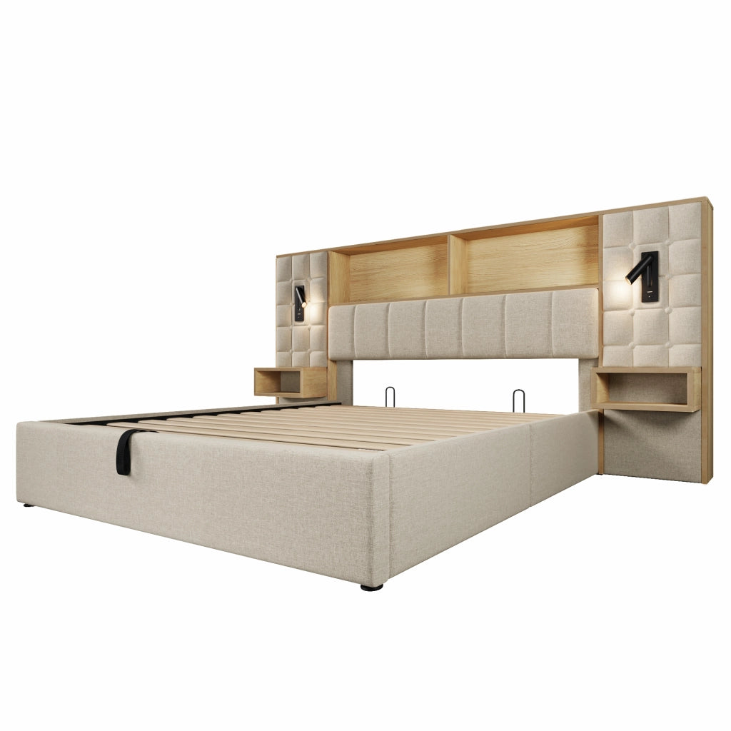 Letto contenitore matrimoniale 160 × 200 cm con LED; 2 lampade da lettura; USB e Type-C; senza materasso; beige
