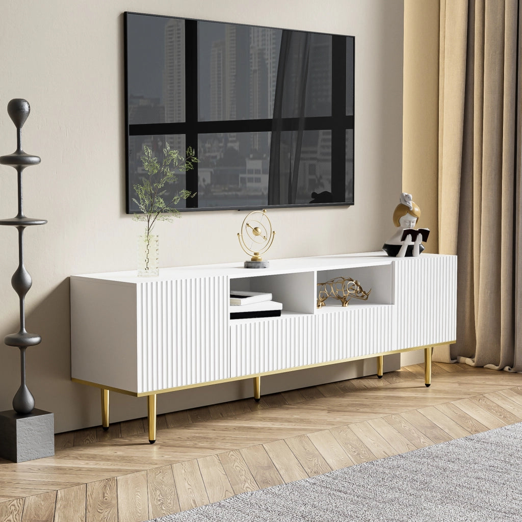 Mobile TV con 2 cassetti e 2 vani; 165 x 36 x 55 cm; pannello truciolare; bianco e oro