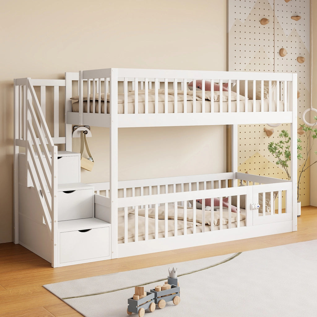 Letto a castello 90×200 cm, letto 2 posti con scala a cassetti, porta inferiore, senza materasso, bianco