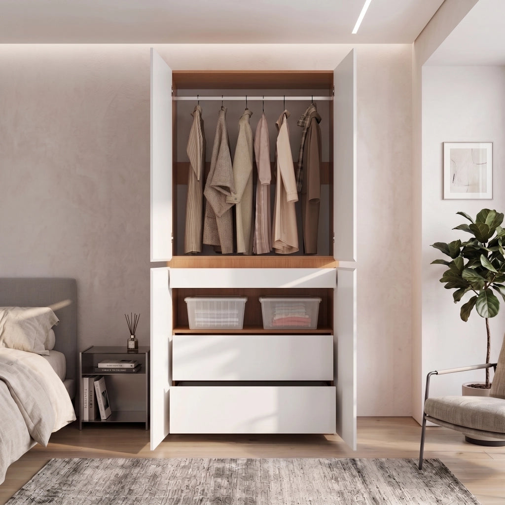 Armadio guardaroba con 3 cassetti portagioie e asta appendiabiti per camera da letto in MDF e pannello truciolare bianco