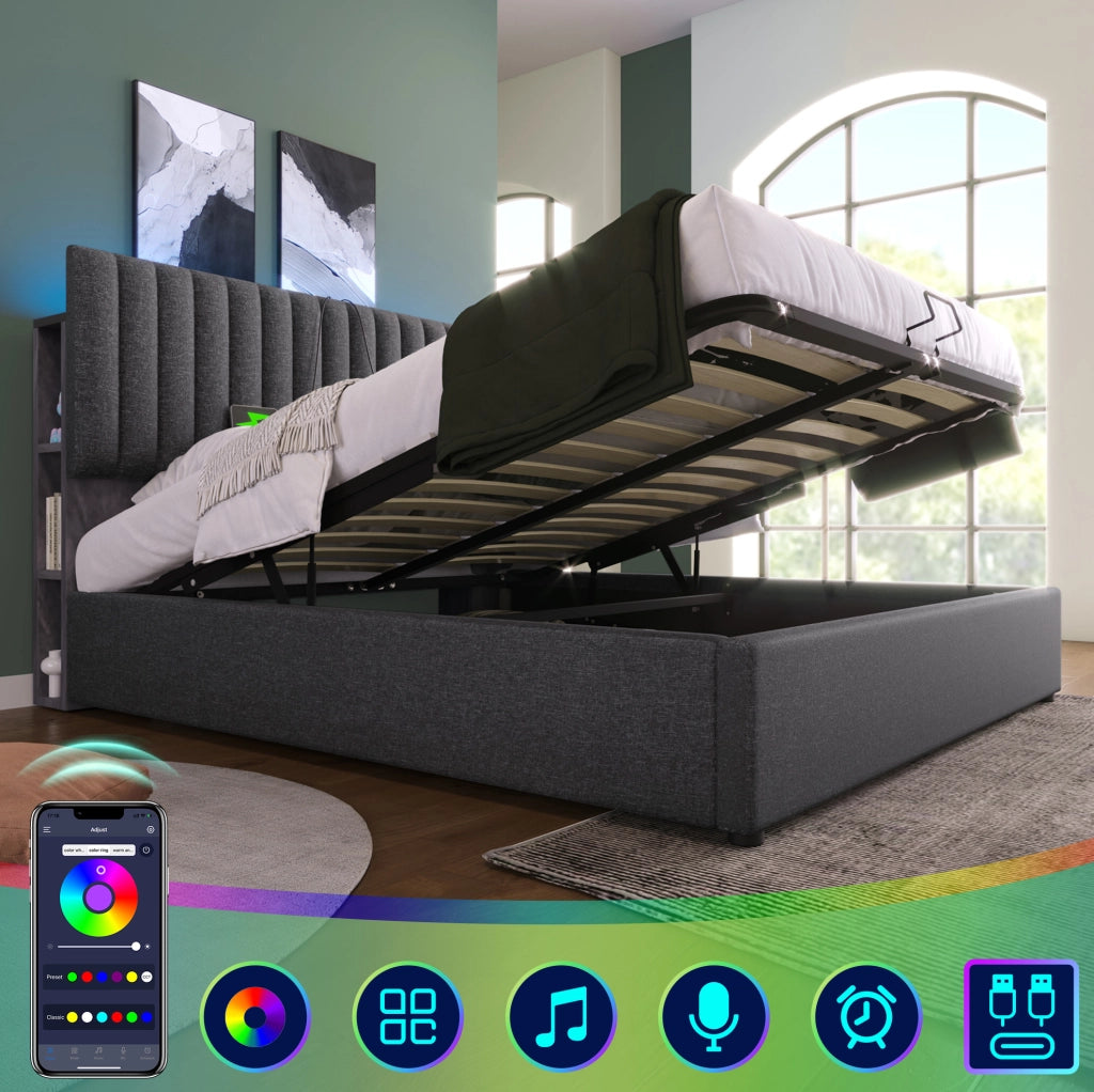 Letto matrimoniale 140x200 con LED, USB-C e vano contenitore