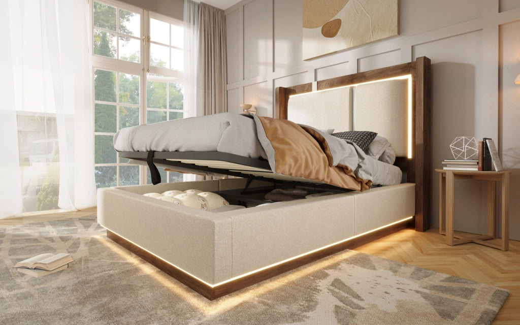 Letto matrimoniale imbottito 140x200 cm con rete a doghe, LED e contenitore, beige lino e noce, senza materasso
