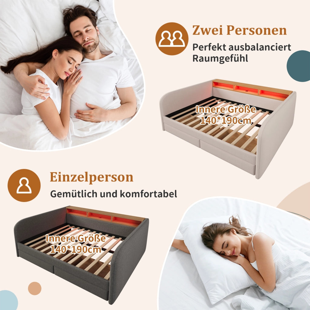 Letto imbottito 140 ¡Á 190 cm con testiera LED porte USB e Type-C due cassetti in lino beige chiaro senza materasso