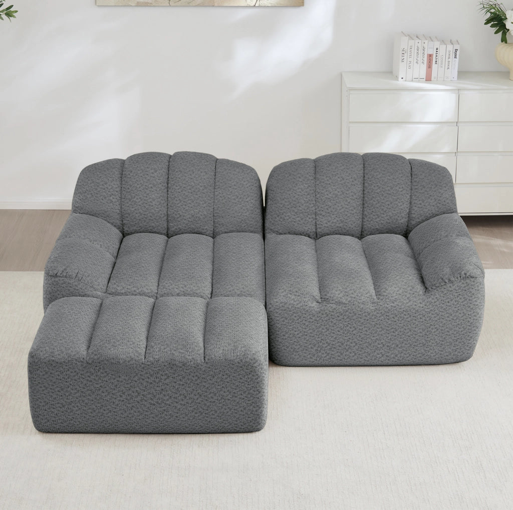 Divano modulare senza struttura a 2 posti a forma di L con pouf, cuscini profondi, grigio