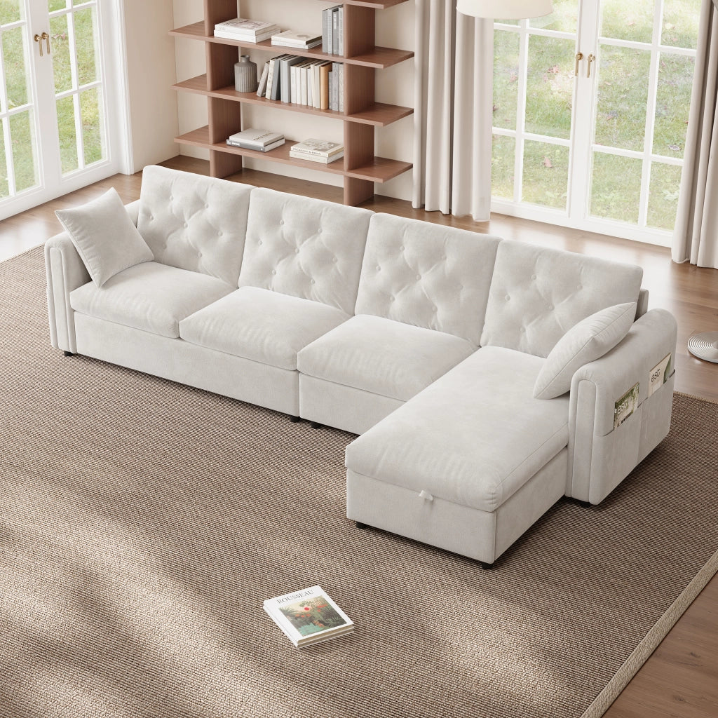 Divano letto modulare angolare con contenitore in poliestere beige configurabile a sinistra o destra 281 × 132 × 86 cm