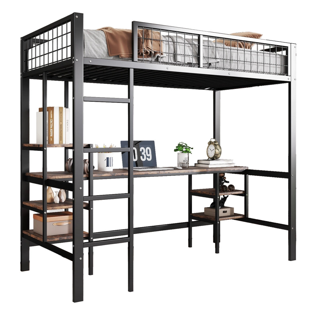 Letto a soppalco 90x200 cm con scrivania e scaffali; struttura in metallo nero e pannelli effetto legno scuro
