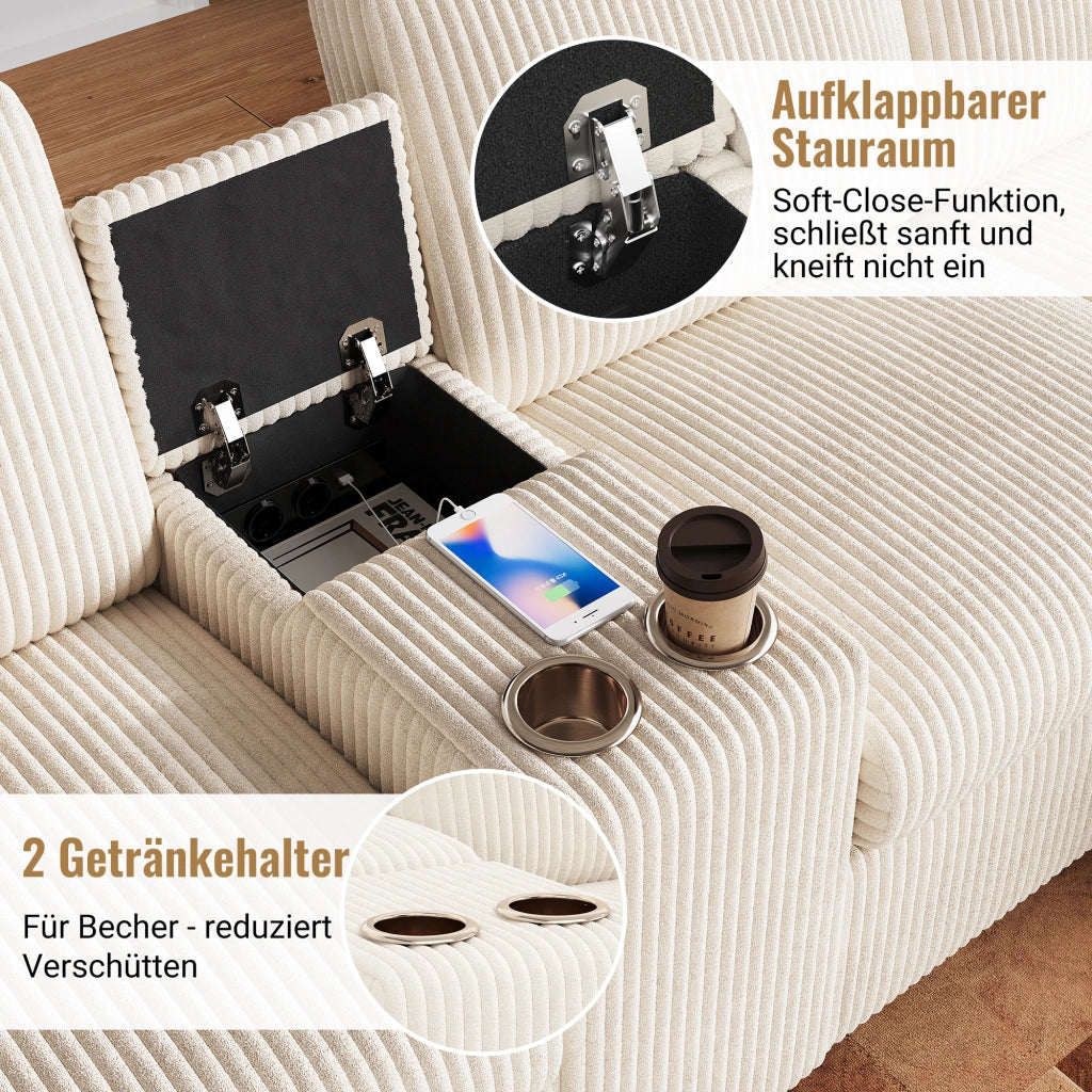Divano angolare 315 x 135 x 81 cm; pouf 2 tavolino portaoggetti USB prese Type-C; soggiorno; velluto a coste stabile ad alta capacità; beige