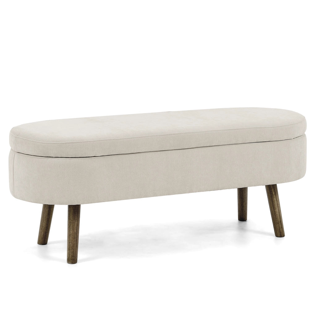 Panca contenitore beige in tessuto chenille con struttura in legno massello, 110x40x42 cm, 20L capacità, per soggiorno, camera e ingresso