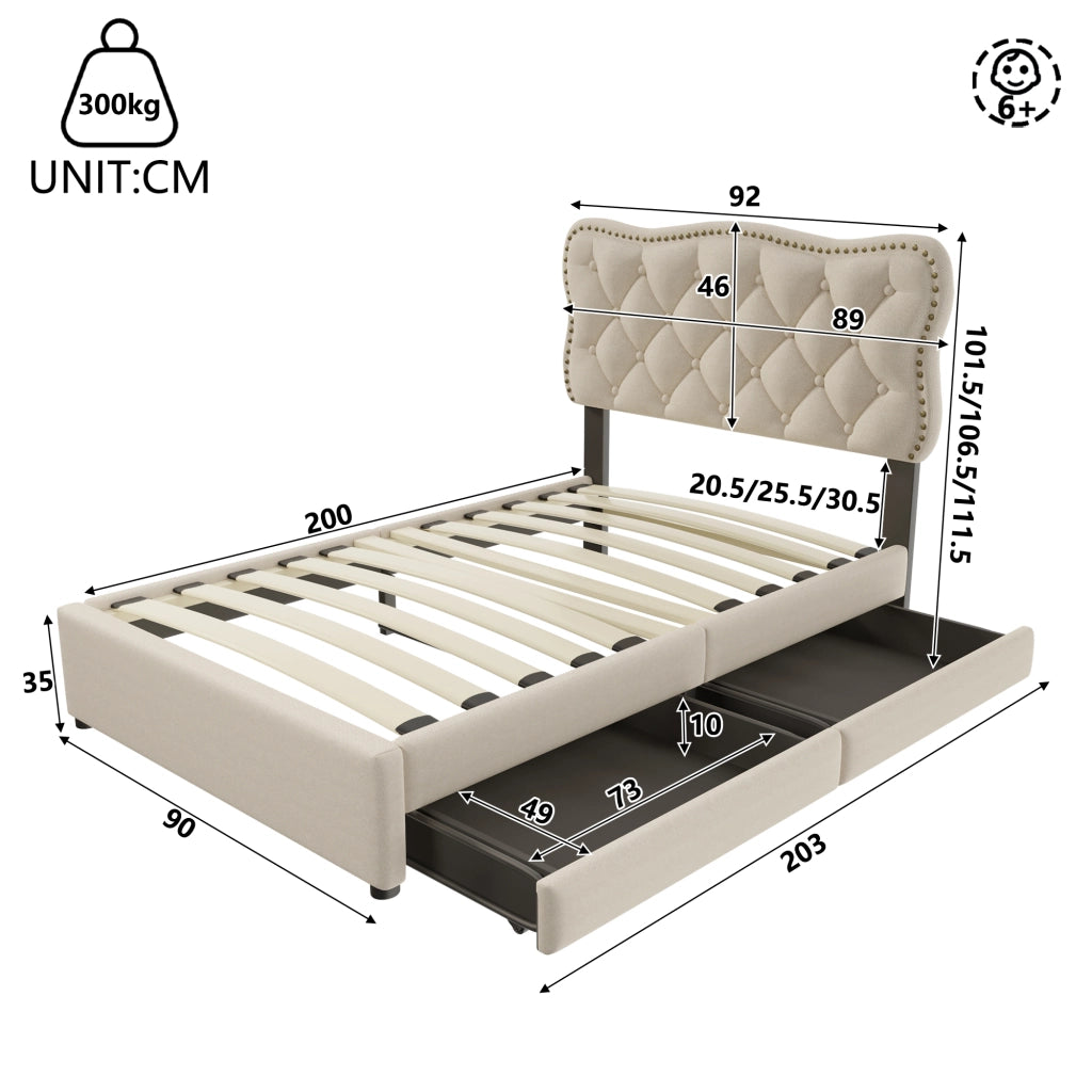 Letto con cassetti 90 × 200 cm imbottito con testiera regolabile e borchie decorative in lino e MDF beige scuro