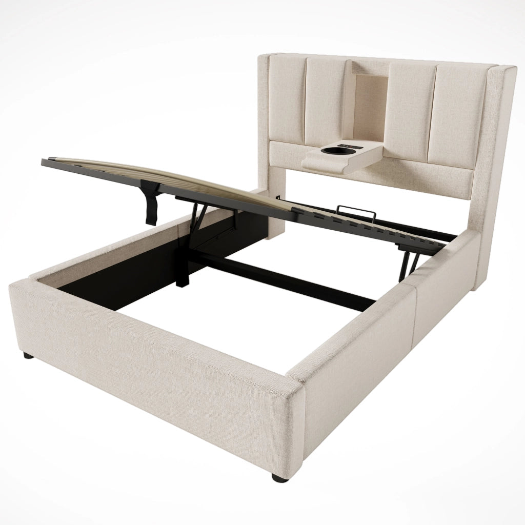 Letto singolo 90 × 200 cm con contenitore; 3 USB; ricarica tipo C e portabicchiere; senza materasso
