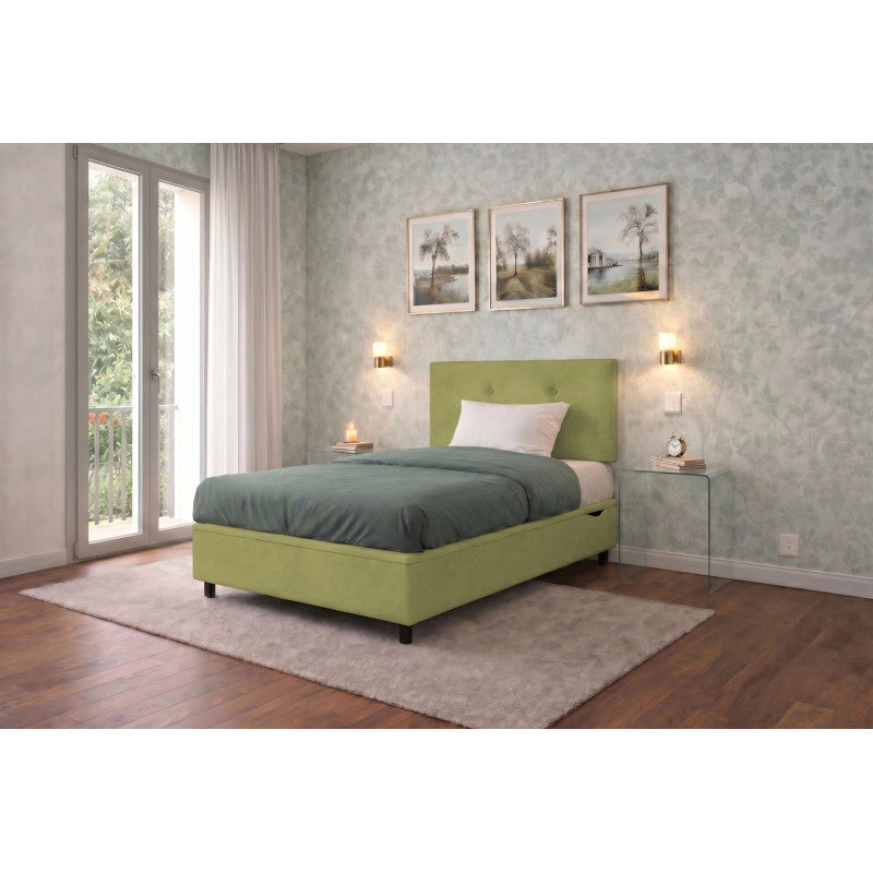 Letto imbottito Singolo 80x190 cm Button - Contenitore,Microfibra,Tè verde