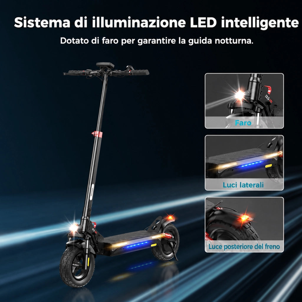 ix3 Monopattino Elettrico Pieghevole 800W; Batteria 48V 10Ah; Autonomia 30-40 km; Velocità 25 km/h; Pneumatici Off-Road da 10"; Doppia Sospensione; APP e Luci LED