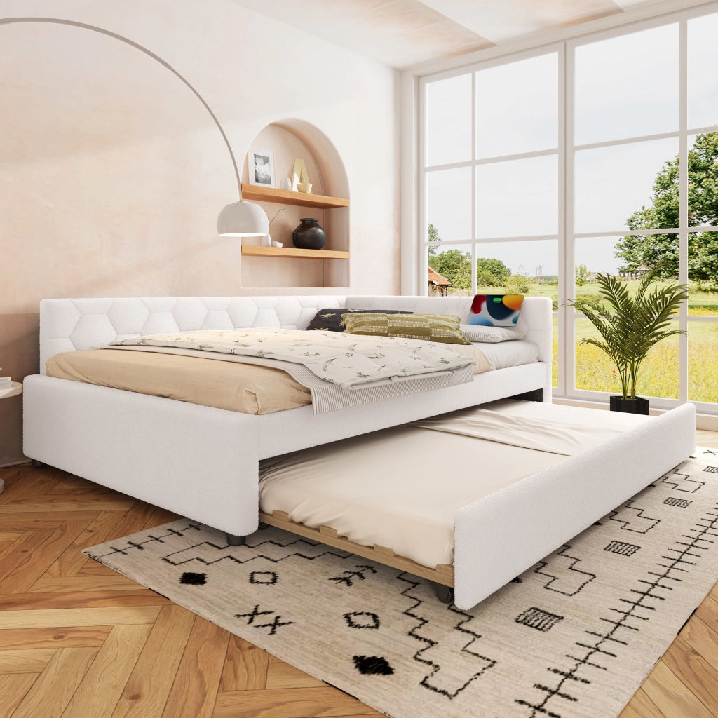 Daybed 140x200 cm con letto estraibile, luce notturna, USB e Tipo-C, bianco