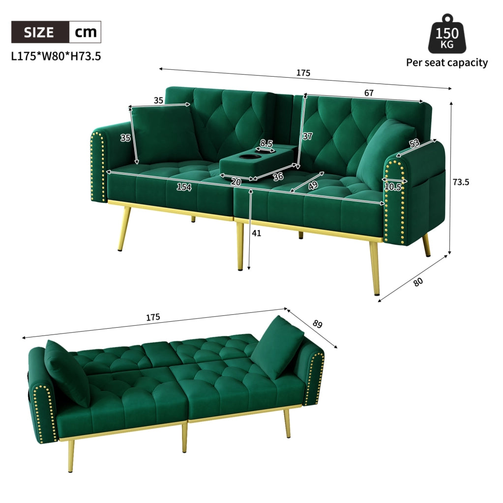 Divano letto 175x80x73,5 cm verde, schienale a 3 posizioni e portabicchieri, velluto